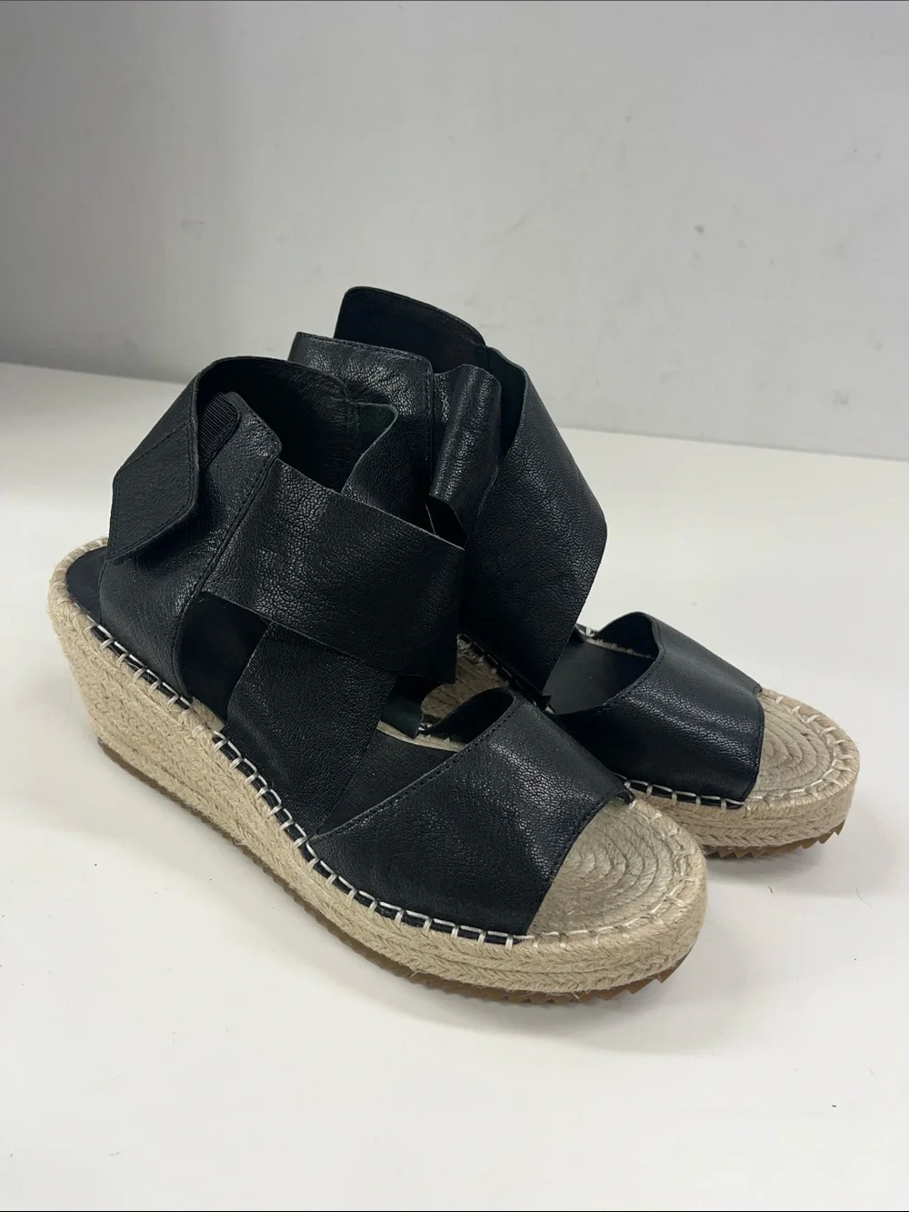 New Eileen Fisher Willow Espadrille Wedge Sandal in Black Leather Size 9